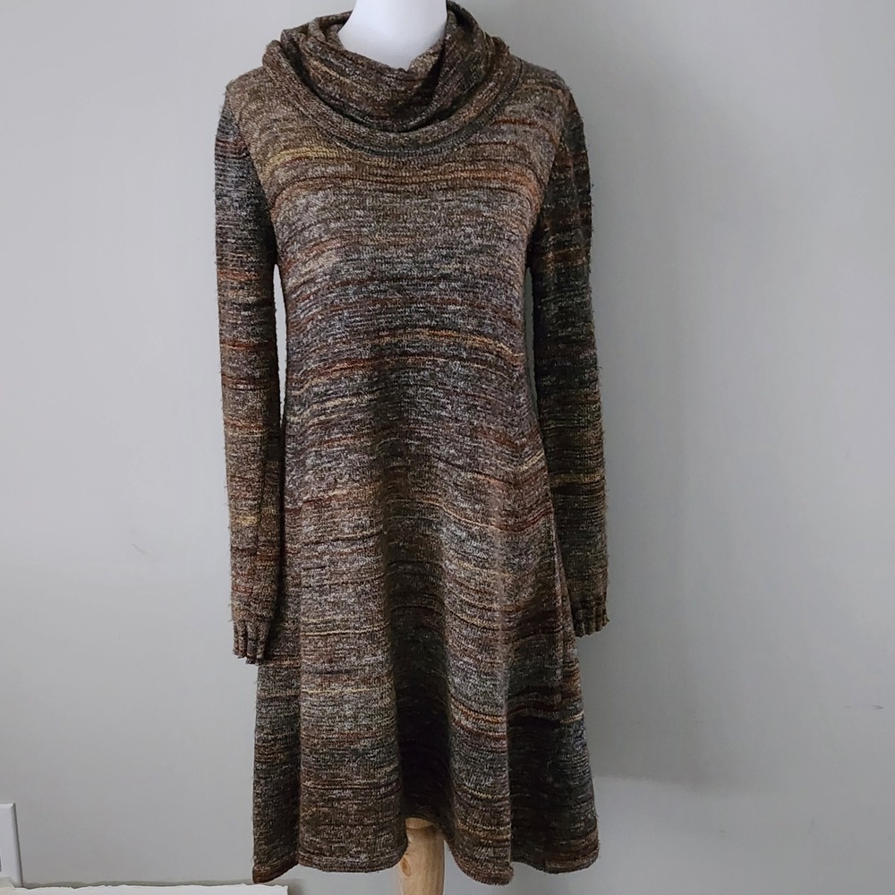 Earthy Cowl Neck Knit Sweater Dress Womens Small Brown Space Dye Forest Fairy